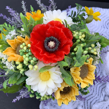 Summer memories: Sunnflower,Popy. Daisy and Lavender flower arrangement