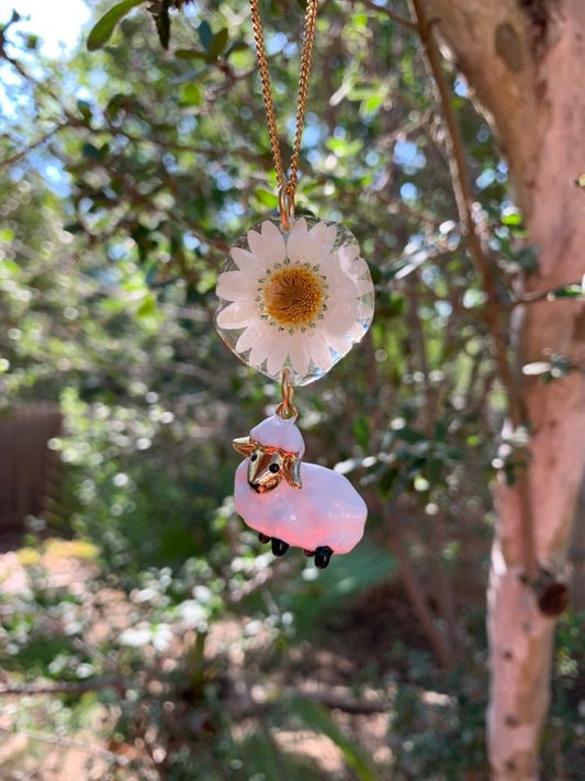 Sheep necklace, Lamb necklace, Real daisy necklace