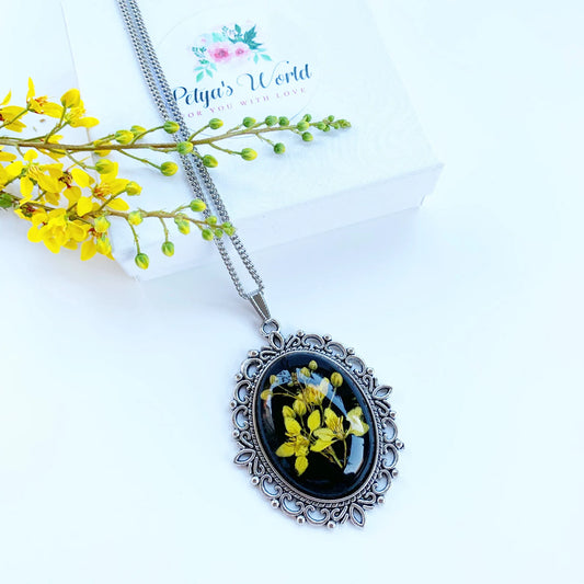 Real flower necklace, Spray of Gold necklace, real Galphimia Cracilis necklace, Botanical jewelry, Victorian necklace