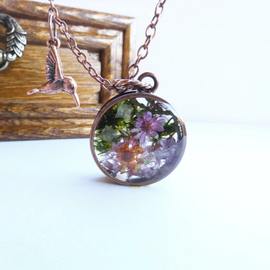 Woodland jewelry, Hummingbird necklace, Forest necklace, Terrarium necklace