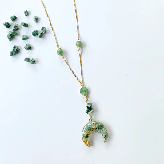 Crescent moon necklace with real flowers, Tusk crescent moon necklace, Healing necklace, Chakra necklace, Agate