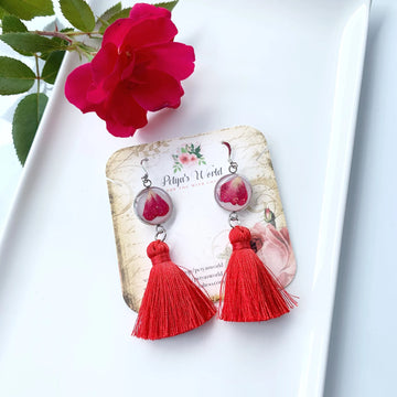 Tassel earrings with rose petals, Real roses earrings