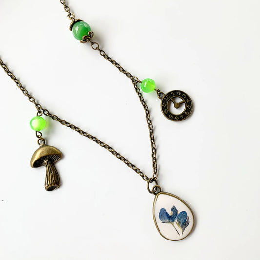 Texas Bluebonnet charm necklace, Steampunk style necklace with real Texas Bluebonnet