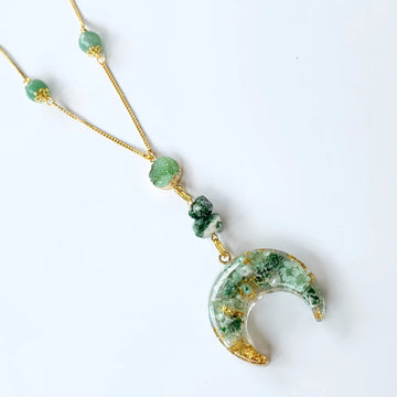 Crescent moon necklace with real flowers, Tusk crescent moon necklace, Healing necklace, Chakra necklace, Agate