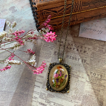 Antique style woodland necklace, Real flowers necklace, Mushrooms necklace