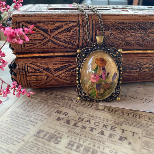 Antique style woodland necklace, Real flowers necklace, Mushrooms necklace