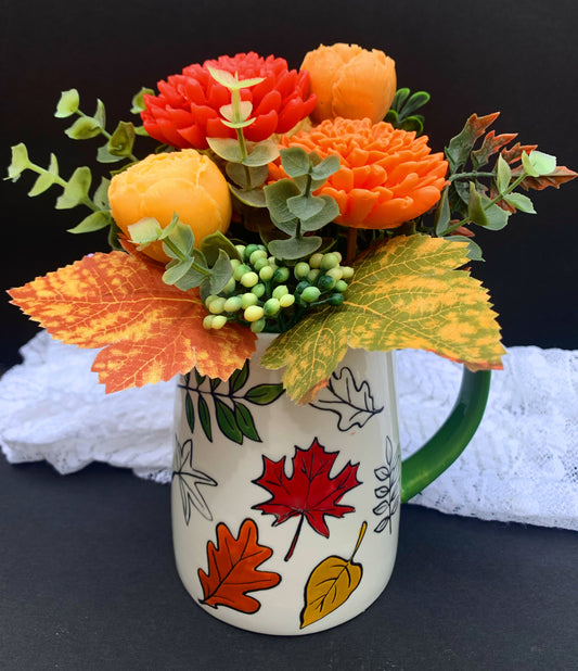 September Leafs Soap flowers Fall Arrangement, Thanksgiving floral centerpiece