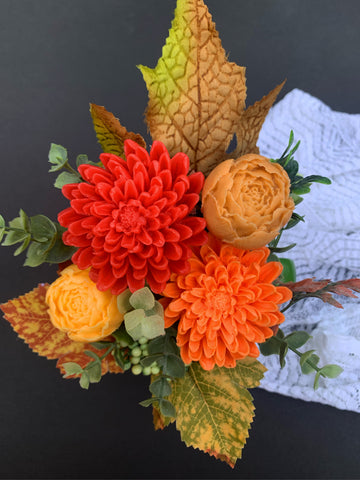 September Leafs Soap flowers Fall Arrangement, Thanksgiving floral centerpiece