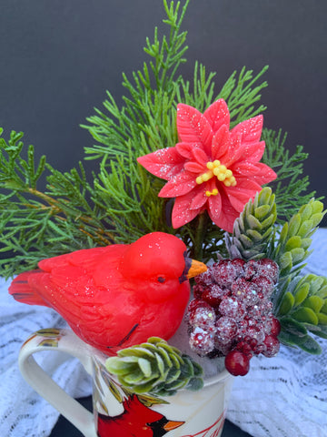 Christmas cardinal soap flowers arrangement