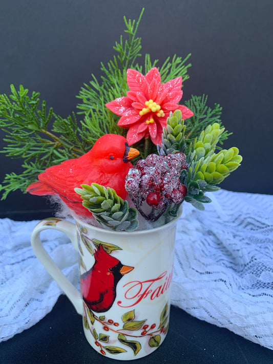 Christmas cardinal soap flowers arrangement