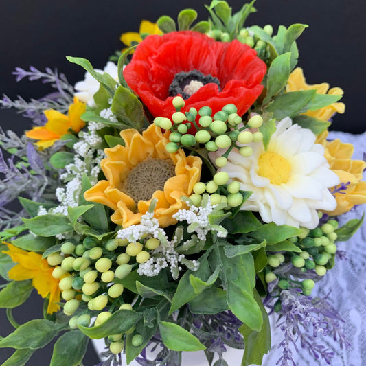 Summer memories: Sunnflower,Popy. Daisy and Lavender  flower  arrangement