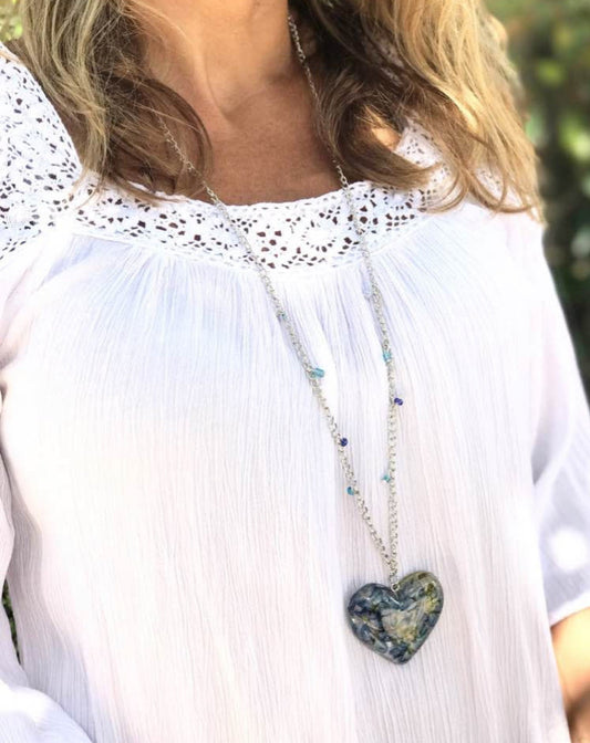 Texas Bluebonnet heart necklace, Boho long necklace, Bluebonet jewelry