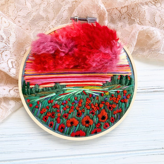 Summer sunset embroidery, Poppies embroidery, Landscape embroidery, Scenery embroidery design
