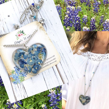Texas Bluebonnet heart necklace, Boho long necklace, Bluebonet jewelry