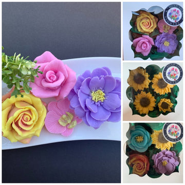 Decorative flower soaps, boxed 4pcs with FREE wood soap tray