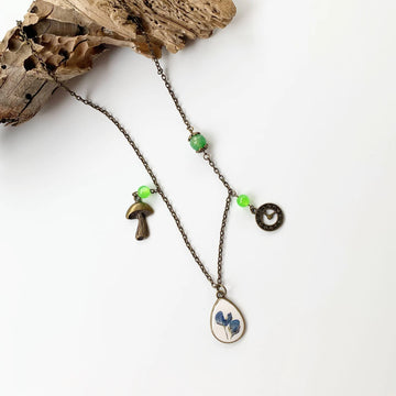 Texas Bluebonnet charm necklace, Steampunk style necklace with real Texas Bluebonnet