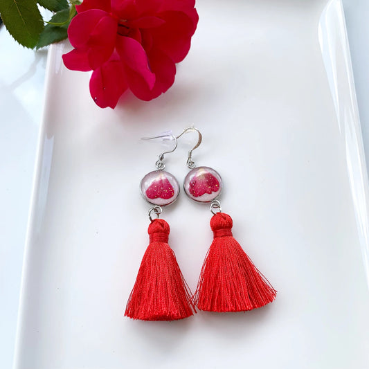 Tassel earrings with rose petals, Real roses earrings