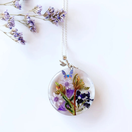 Real flowers necklace, Fairy necklace 925 sterling silver, Butterfly necklace, Woodland necklace, Moss necklace