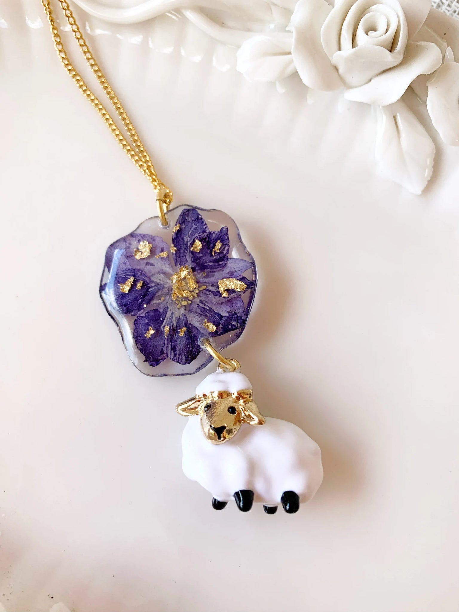 Sheep necklace, Sheep gift for women, Lamb necklace, Pressed flower necklace