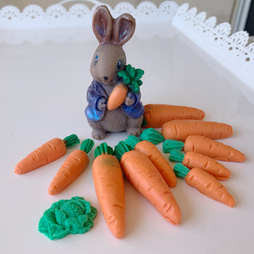 Peter Rabbit Easter soap with pile of soap carrots