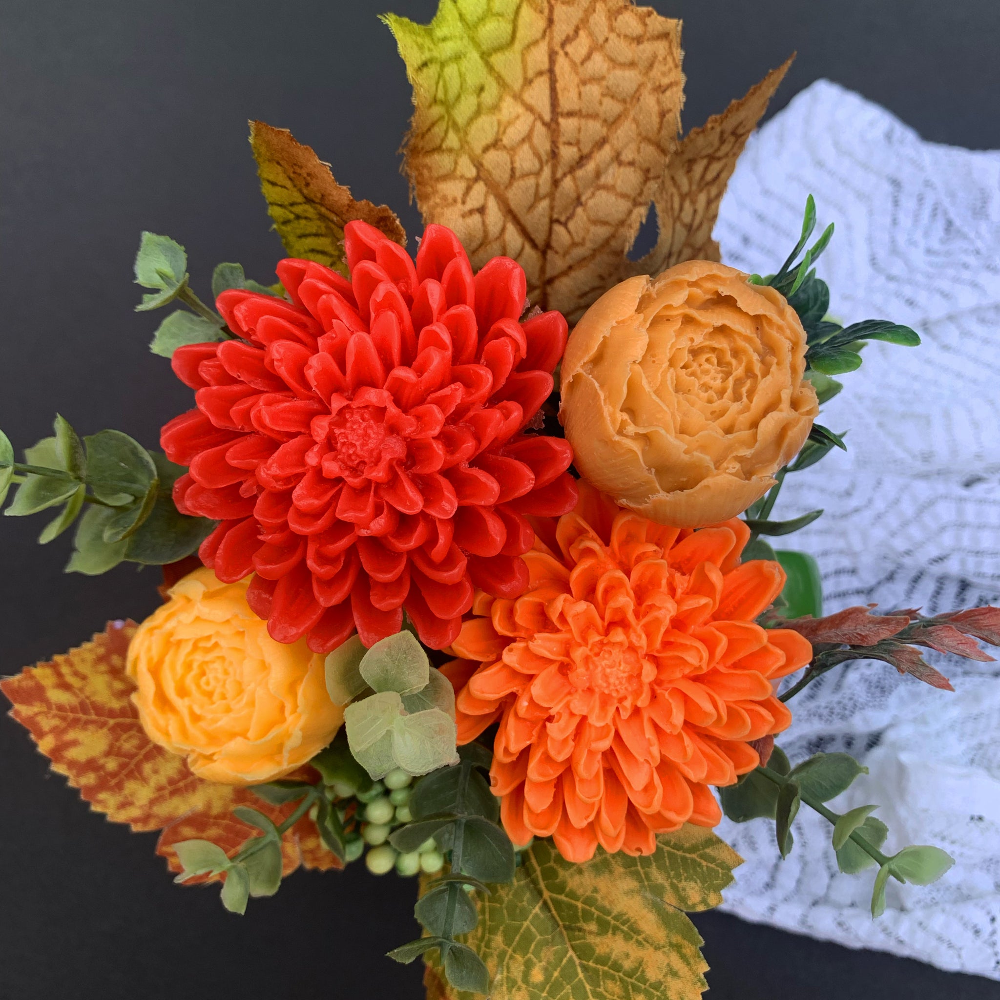 September Leafs Soap flowers Fall Arrangement, Thanksgiving floral centerpiece