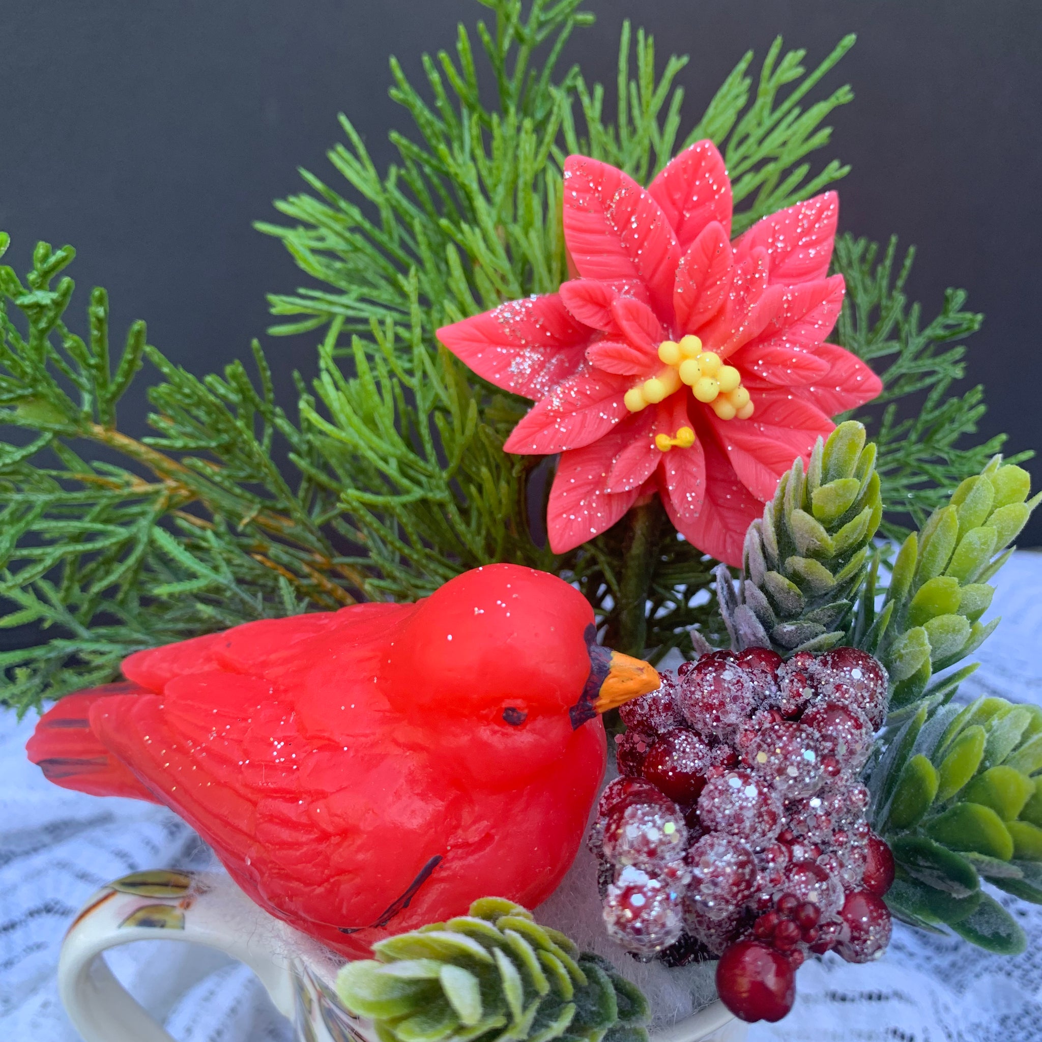 Christmas cardinal soap flowers arrangement